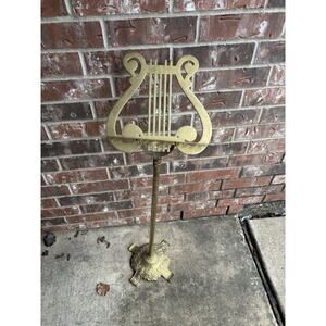 Vintage Brass Metal Lyre Harp Shaped Footed Music Stand Adjusts 36" To 50" Rare